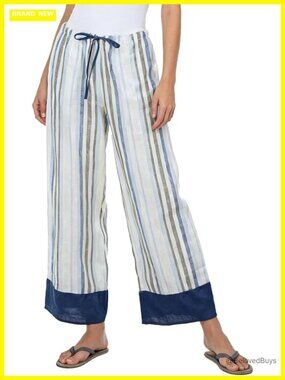 100% Linen Wide Leg Pants Striped Summer Casual Elastic Waist
